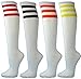 COUVER Premium Quality White Striped Knee High Fashion Casual Tube Cotton Socks (1 Pair) (Medium, Carolina Blue/Dark Orange/Carolina Blue)