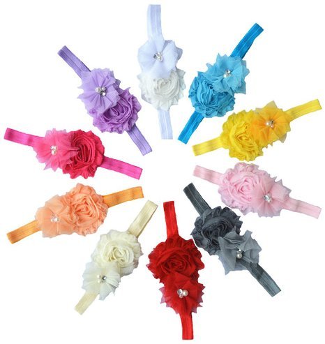 QS® Baby Girl Elastic Headbands Chiffon Flower, Bow, Crystal