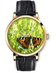SPRAWL Aanalog Fashion Series Gold Ladies Watches of Genuine Black Leather Strap,Unique Wrist Watch for Women Girls Designed with Butterfly among the branches
