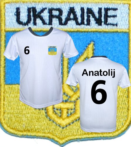 Ukraine Trikot “Modell EU1K” für Kinder-mit gesticktem Wappen-mit Ihrem Wunschnamen+Wunschzahl inlucive-Größen: 110-116-122-128-134-140-146-152-158 (128)
