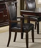 Set of 2 Dining Arm Chairs Black Leather Like Seat Warm Walnut Finish