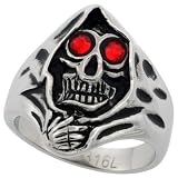 Surgical Steel Grim Reaper Head Skull Ring Red CZ Eyes 15/16 in. (24mm), size 9