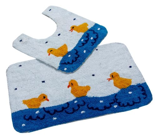 Homescapes Duck Pond Bath Mat and Pedestal Mat Set, 45x75cm and 45x50cm, 1400 GSM rug in 100% Cotton, Non Slip Spray Back, Washable at Home