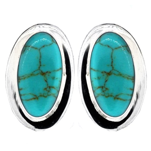 Sterling Silver Turquoise Inlay Oval Clip-On Earrings