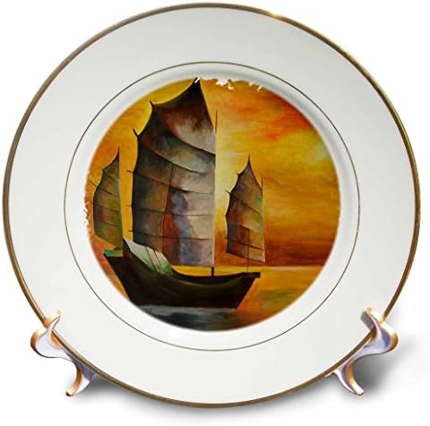 3dRose cp_63141_1 Chinese Junk Sail Boat, Acrylic Painting, Sails, Decorative, Seascape, Cubism, Sailors, Nautical Porcelain Plate, 8-Inch