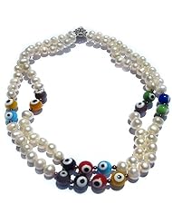 Candygem 16inch Evil Eye Protection Double Strand Necklace with 6mm Freshwater Cultured Pearls and 10mm Multicolor Hand Made Glass Beads By Aaliah Hong