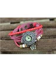 KANO BAK(TM) Vintage Wrap Around Leather Retro Weave Wrap Quartz Bracelet Woman Unisex Sunflower Butterfly Gift Watch Red