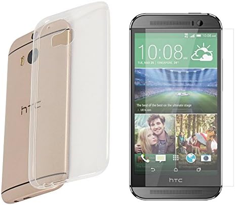 Ecopac Premium Soft Flexible Rubber Skin TPU Case Gel Cover with Clear Tempered Glass Screen Protector Protection Kit for HTC ONE M8 (Transparent)