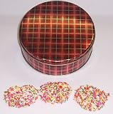Scott's Cakes White Chocolate Covered Pretzel with Rainbow Jimmies in a Mini Plaid Tin