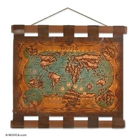 Leather map, 'Blue Modern World'