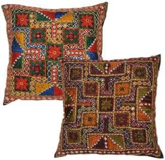 Handmade Embroidery Mirror Work Cushion Cover 16 By 16 Inches Set Of 2 Pcs By Rajrang
