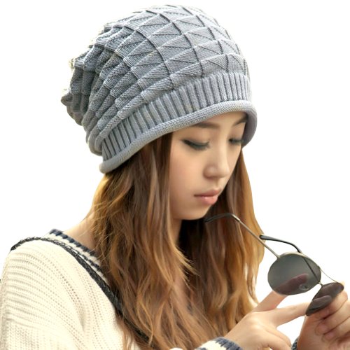 LOCOMO Women Girl Triangle Pattern Slouchy Knit Beret Beanie Crochet Rib Hat Cap Warm FAF028GRY Gray
