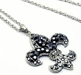 Beautiful Large 2 1/2 Black Crystal Fleur De Lis Charm Necklace X-Long 30 Rope Chain ~ Silver Tone Comes Gift Boxed