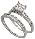 14k White Gold Wedding Ring Set 1/4 (7mm) wide, w/ 0.45 Carat Invisible & Baguette Diamonds