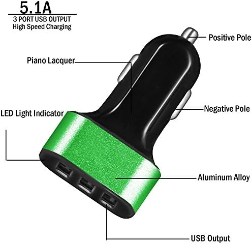 ELMASA 2 in 1 3 Port USB 5.1A Car Charger Aluminum Panel Compact Designed for iPhone iPad Samsung Galaxy Asus Huawei Android Smartphones Tablet Pc Gopro + Micro USB 2.0 Cable High Speed Fast Sturdy Durable Fabric Braided Nylon Fiber Jacket with Metal Plated Gold Aluminium Shell Housing Head Connectors Micro USB to USB Charging Data Phone Cable Cord, for Samsung Galaxy Note 1/2/4 S3/S4/S6 Edge Tab and Most Android Phones Tablets and Windows Phones - Green