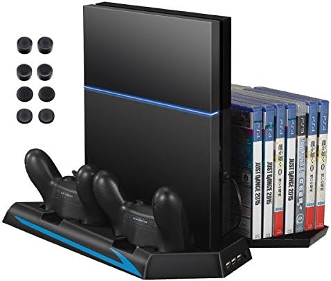 Vertical Stand with Cooling Fan and Dual Charging Station for PS4 + 12 Game Discs Seats + 8 Key Protector Thumbsticks Grips Caps