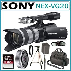 Sony NEX-VG20/H Interchangeable Lens HD Handycam Camcorder with SEL18200 18-200mm OSS Lens + Sony 32GB Secure Digital Memory Card + Sony SEL16F28 16mm F2.8 E-Lens + Mini HDMI Cable + Replacement NP-F70 Battery Pack + Sony Case + Lens Filter Set + Lens Pen