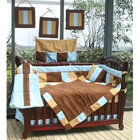 12 PIECE BABY BOY CRIB BEDDING SET BLUE & BROWN SUEDE