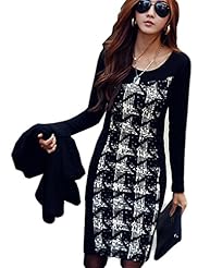 Sexy Houndstooth Print Long Sleeves Cotton/Polyester  Shirt Bodycon Dress 