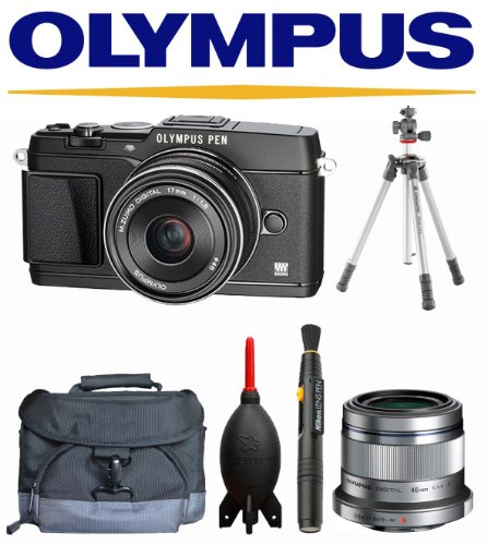 Olympus E-P5 PEN Mirrorless Digital Camera with 17mm f/1.8 Lens and VF-4 Viewfinder (Black) + Olympus 45mm f/1.8 + Case + Vanguard Tripod + 32GB Deluxe Kit