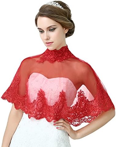 Diyouth High Neck Red Tulle Wedding Shawl