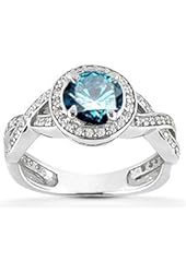 7/8ct Pave Halo Blue Diamond Engagement Ring 14K White Gold
