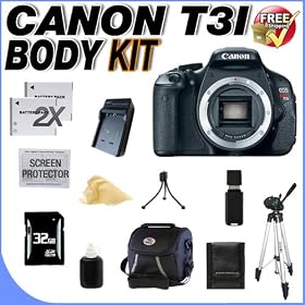 Canon EOS Rebel T3i 18 MP CMOS Digital SLR Camera (Body Only) and DIGIC 4 Imaging + 32GB SDHC Memory Card + TWO Extended Life LPE8 Batteries + Ac/Dc Rapid Charger + Deluxe Case w/Strap + Full Size Tripod + Memory Card Wallet + USB Card Reader + Accessory Saver Bundle!