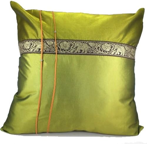 16"x16" Handmade Hand Craft: Thai Silk Decorative Throw Pillow Cover on Reception Furniture, Decorative Throw Pillow Cases for Souvenir, Sofa Home, Boutique Hotels, Reception in Your Dorm, Room Pillows - Green with Elephant Design