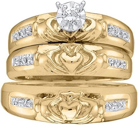 14k Yellow Gold Round Diamond Mens Womens His Hers Claddagh Trio Matching Bridal Wedding Set 1/7 Cttw