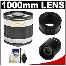 Rokinon 500mm f/6.3 Mirror Lens (White) (T Mount) with 2x Teleconverter (=1000mm) + Cleaning Kit for Samsung NX20, NX200, NX210 & NX1000 Digital Cameras