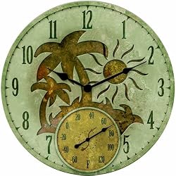 Springfield  91415 14" Poly Resin Palm Trees Clock with Thermometer