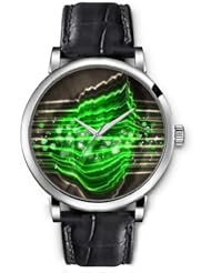 SPRAWL Aanalog Fashion Series Silver Ladies Watches of Genuine Black Leather Strap,Unique Wrist Watch for Women Girls Designed with Dimension of green leaf and stripes