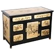 Handmade Asian Furniture - 38" Gold & Black Lacquer Wood Buffet / Storage Cabinet With Floral Motif