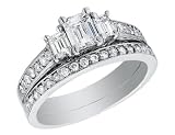Diamond Emerald Engagement Ring & Wedding Band Set 1 Carat (ctw) in 14K White Gold