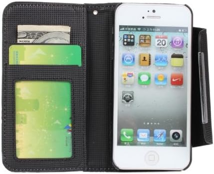 DE New Deluxe 2 in 1 Removable Black Polka Dots Wallet Leather Stand Hard Case Book Style Flip With Credit Card / ID Slots PU Leather Holster Cover Shell for Apple iPhone 5S