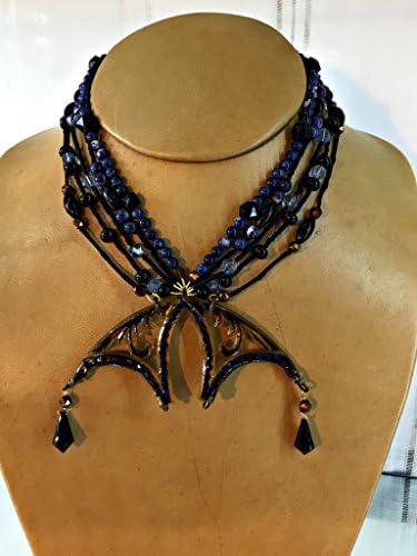 Blue and Black Bead and Gemstone Necklace with Bakelite Faux-Tortoise Shell Art Nouveau Pendant 17 Inches Long