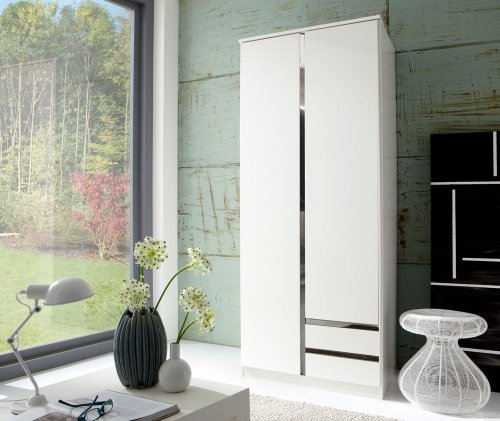 2-trg. Kleiderschrank in alpinweiß mit Chrom-Absetzungen, 1 Einlegeboden und 1 Kleiderstange sowie 2 Schubkästen, Maße: B/H/T ca. 90/198/58 cm