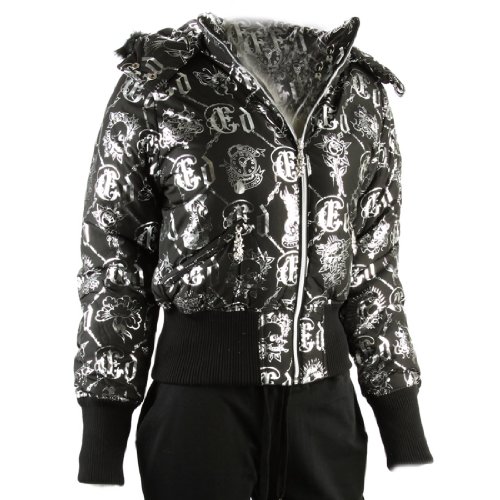Ed Hardy Womens Logo Puffer Jacket -Black/Silver