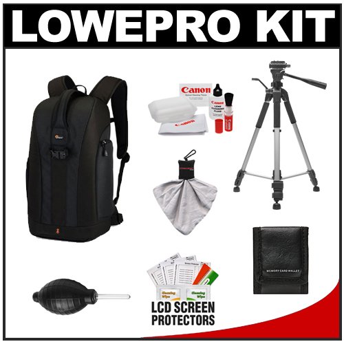 Lowepro Flipside 300 Digital SLR Camera Backpack Case (Black) with Deluxe Photo/Video Tripod + Canon Cleaning Kit for Rebel T3, T3i, T1i, T2i, EOS 60D, 50D, 5D Mark II, 7D, 1D, 1Ds