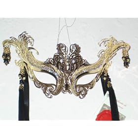 Venetian Carnival Masquerade Mask Black Metal Cat with Swarovski Crystals and Sexy Tassels
