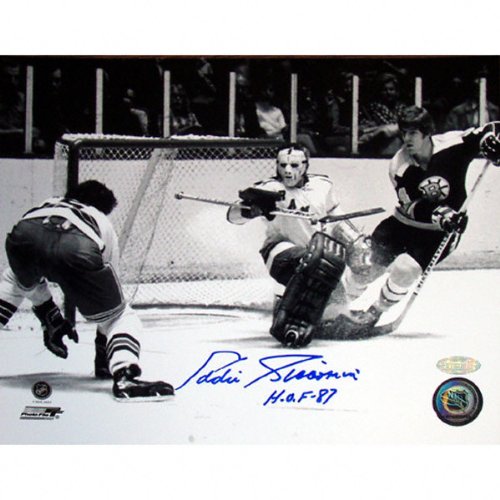 Eddie Giacomin New York Rangers - Save vs. Bruins - Autographed 16x20 Photograph with HOF Inscription