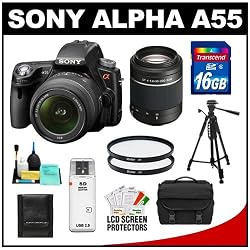 Sony Alpha A55 SLTA55VL 16.2 MP Translucent Mirror Technology Digital SLR Camera with 18-55mm Lens & 55-200mm Lens + 16GB Card + Tripod + Case + UV Filters + Cleaning & Accessory Kit