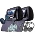 Black Color Pair of Headrest 7" LCD Car Monitors with Region Free DVD player USB SD Wireless Dual Channel Headphones and 8 and 32 Bit Games