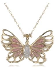 10k Yellow Gold Pink Enamel with Diamond-Accent Butterfly Pendant Necklace (0.02 cttw, I-J Color, I2-I3 Clarity), 18"