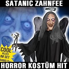 Satanic Zahnfee die Albtraum Hexe Halloween Horror Komplett Luxus Kost�m H�llische Latex Hexenmaske mit Haaren, Horror Kost�m mit Kapuze (unisize Erwachsene), schwarzen Handschuhen sowie Feenfl�geln und Haarschmuck inklusive rostiger Metzgerzange mit gezogenem Zahn an Schnur - absoluter Season Hammer all inclusive Kult Schocker Limited Edition Verkleidungs Kost�m Komplett Pake Gruselschocker Set