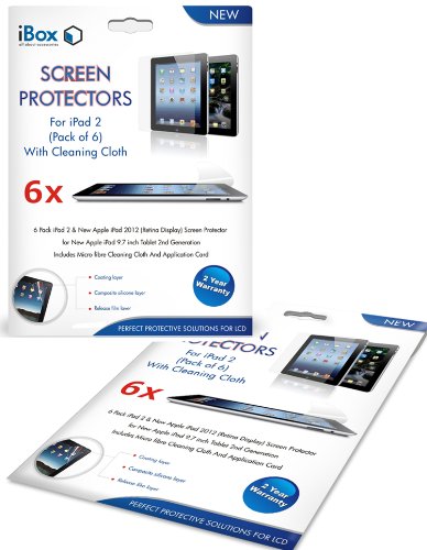6 Pack iPad 2 & New Apple Ipad 2012 (Retina Display) Screen Protector for New Apple iPad 9.7 inch Tablet 2nd Generation Includes Microfibre Cleaning Cloth And Application Card