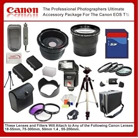 The Professional Photographers Ultimate Accessory Package For The Canon EOS T1i includes: 32GB Hi Speed Error Free Memory Card, Hi Speed Card Reader, 58mm Macro Lens Kit, 2 Batteries & Charger, Hard Flower lens Hood, 0.5x Professional Wide Angle Lens , 3.6X Telephoto Lens, 72 Inch tripod, Profession