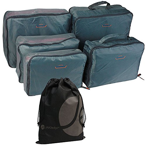 JAVOedge 5 Piece Nylon Travel Packing / Home Storage Organizer Cube Set with Mesh and Zippers, Bonus Drawstring Bag