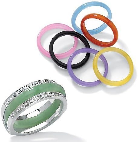Royal Palm Jewelry 423497 Multi-Color Genuine Jade Cubic Zirconia Accent Sterling Silver 8-Piece Interchangeable Ring Set - Size 7
