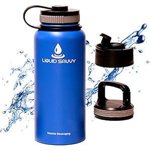 Liquid Savvy's 32 oz Wide Mouth Stainless Steel Insulated Water Bottle - Includes 3 Lids - Double Walled Vacuum Bottle for Hot and Cold Beverages - Blue Glacier